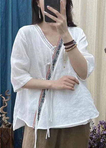 Rose V Neck Chinese Button Cotton Shirt Half Sleeve