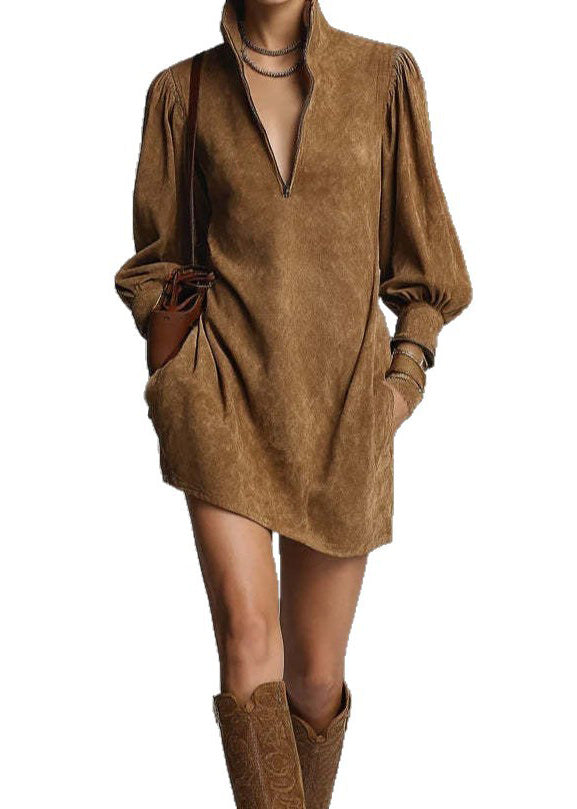 New Khaki Stand Collar Zip Up Patchwork Faux Suede Mini Dress Fall