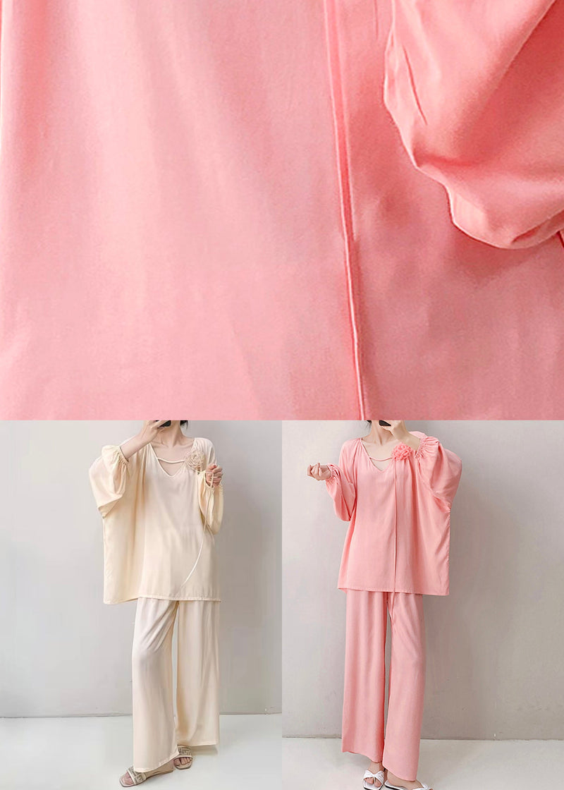 Apricot Oversized Cotton Fall Pajamas Two Pieces Set V Neck