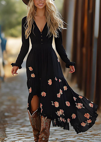 Black Wrinkled Print Cotton Maxi Dresses Spring