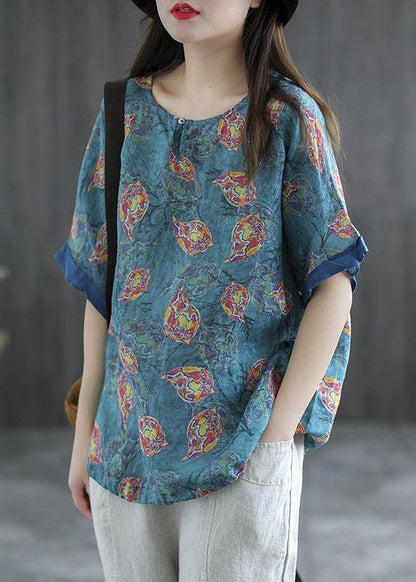 Pink Print Patchwork Summer Linen Shirt Half Sleeve