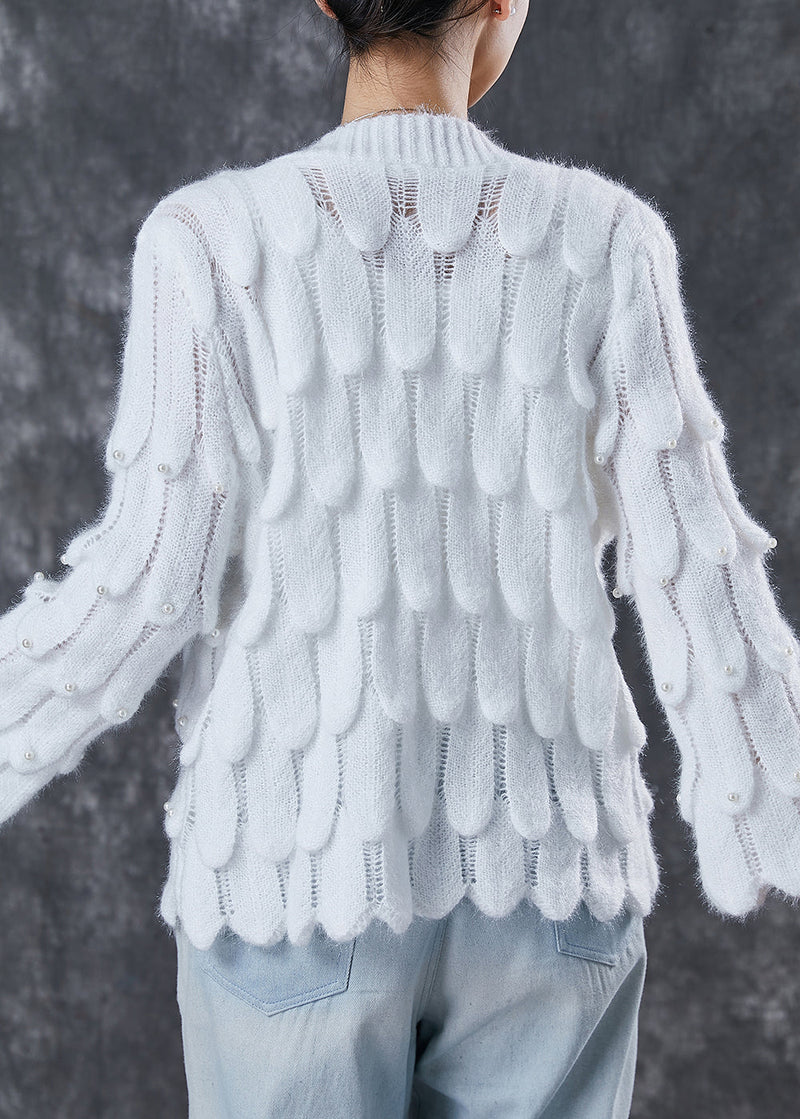 White Cozy Knit Cardigan V Neck Nail Bead Spring