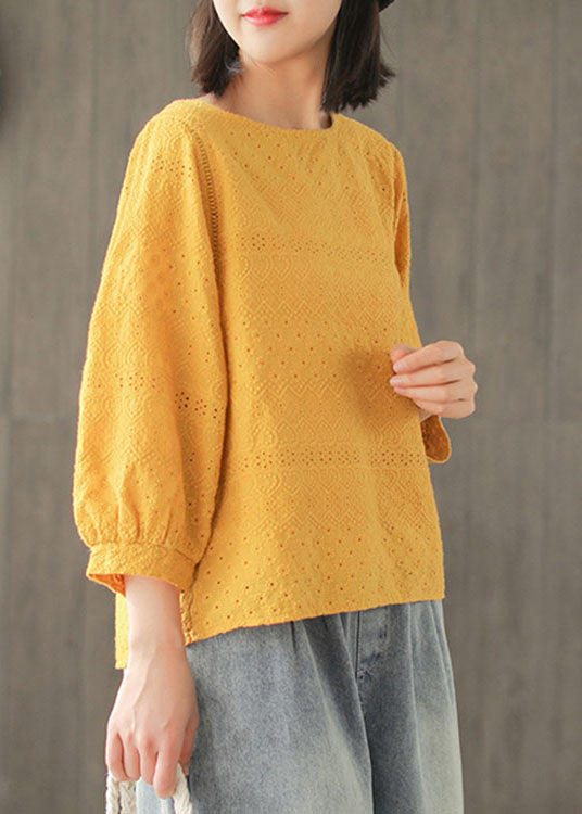 Diy Yellow Hollow Out Embroidered Fall Long Sleeve Tops
