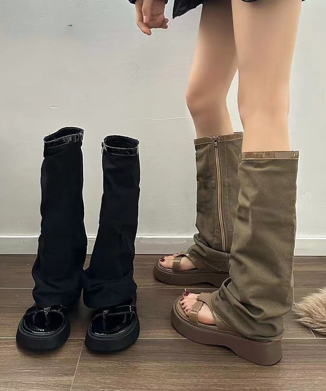 Khaki Platform Denim Hollow Out Thong Sandals Boots