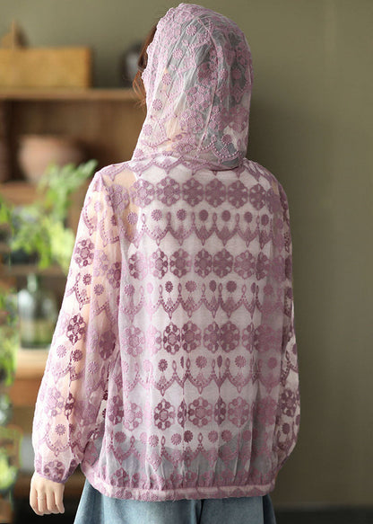 Purple Hollow Out Lace Upf 50+ Coat Cardigan Embroideried Long Sleeve
