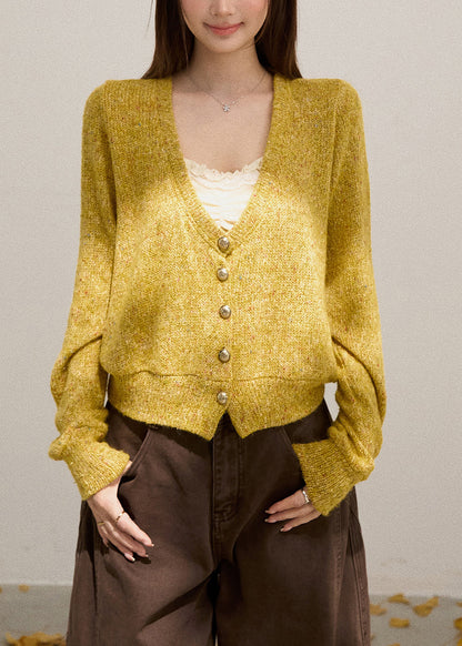 Yellow V Neck Button Down Knit Cardigans Fall