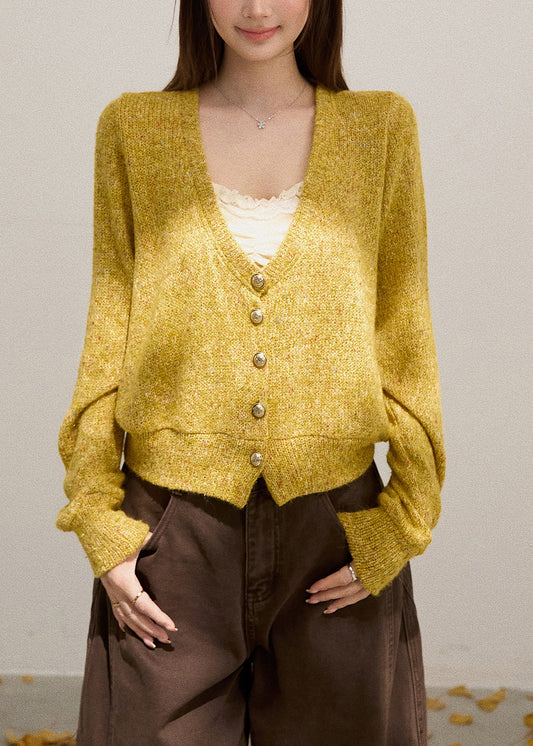 Yellow V Neck Button Down Knit Cardigans Fall