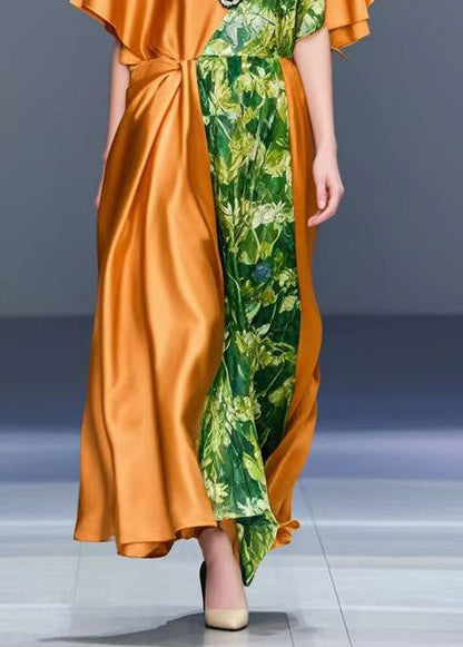 Orange Asymmetrical Patchwork Print Silk Dress Summer