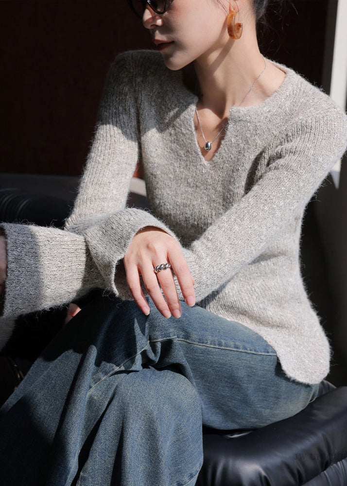 Oat Color V Neck Side Open Cotton Knit Sweaters Flare Sleeve