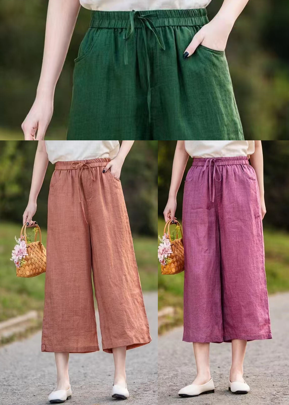 Orange Elastic Waist Linen Crop Pants Summer