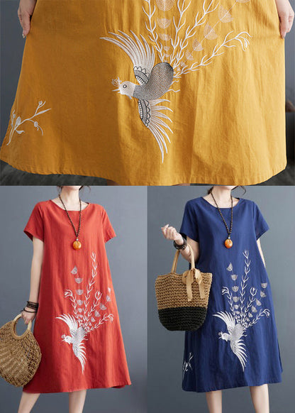 Brick Red Linen Day Dress Embroidered Summer