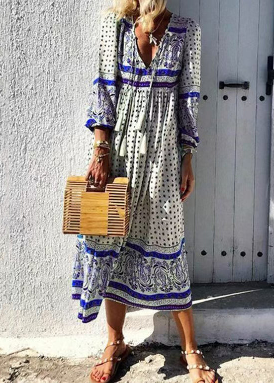 Red V Neck Print Lace Up Cotton Long Dresses Spring