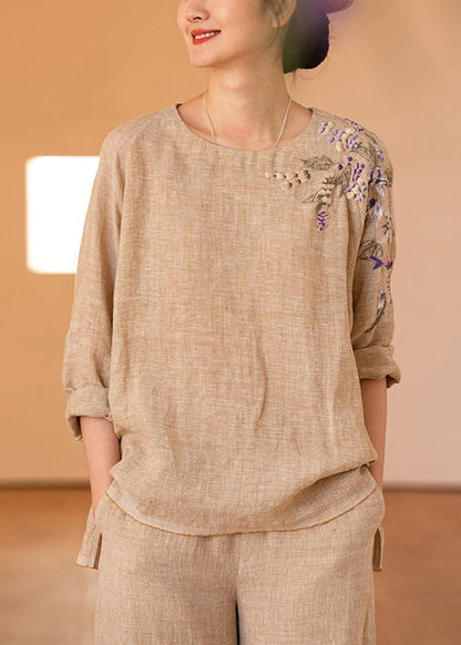 O-neck Embroidered Linen Shirt Top Long Sleeve