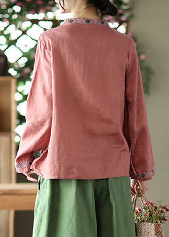 Watermelon Red Embroidered Linen Shirt Long Sleeve