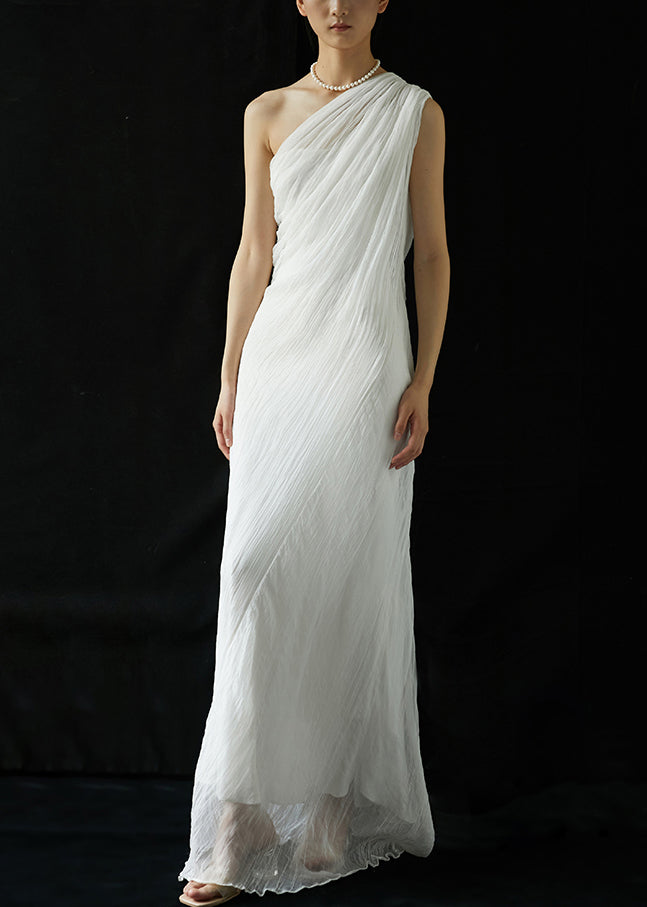 White One-shoulder Wrinkled Silk Long Dresses Summer