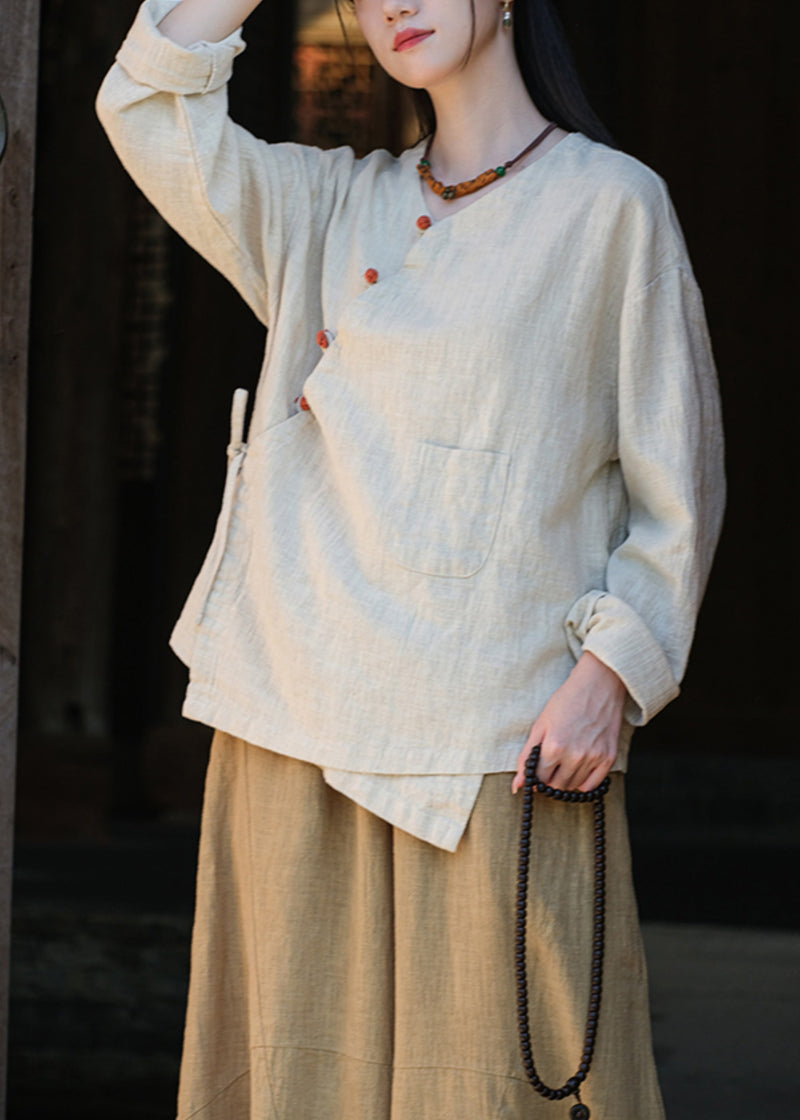 Button Lace Up Asymmetrical Cotton Blouse Tops Fall