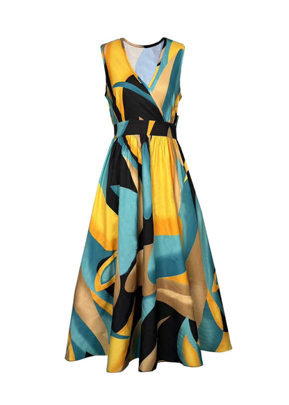 V Neck Print Wrinkled Cotton Dress Sleeveless