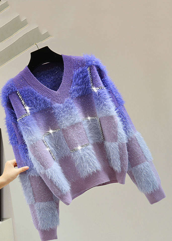 Gradient Color Blue O-neck Zircon Ma Hai Mao Cotton Knit Sweater Tops Winter