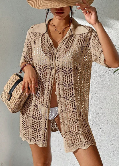 Apricot Hollow Out Knit Beach Bikini Swimsuit Cover Up