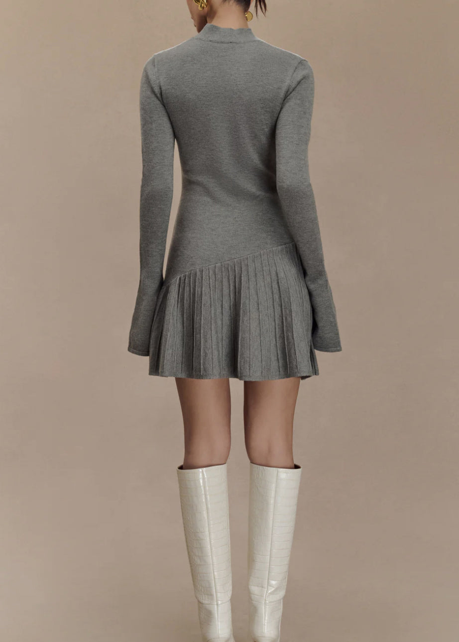 Grey Wrinkled Patchwork Knit Sweater Dress Winter