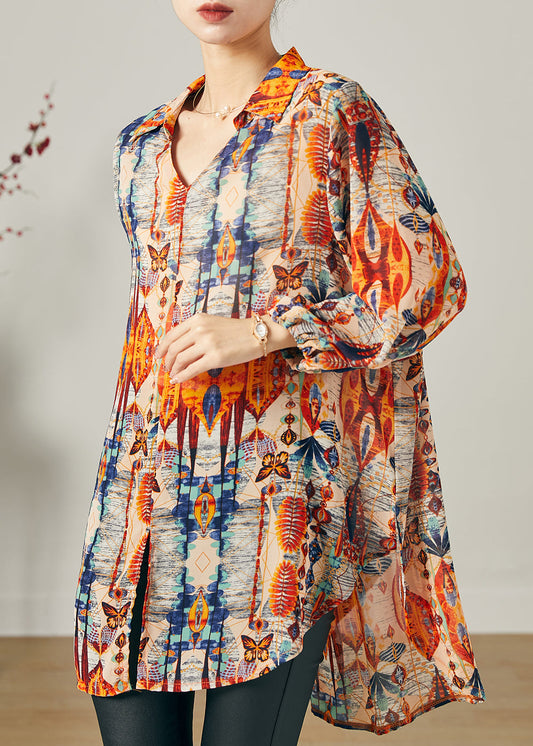 Natural Navy Print Side Open Chiffon Top Summer