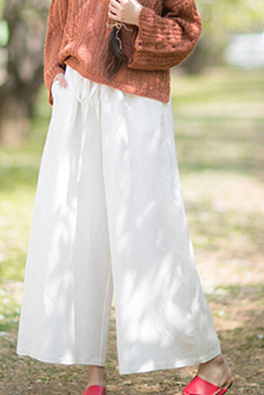 White Linen Elastic Waist Wide Leg Pants