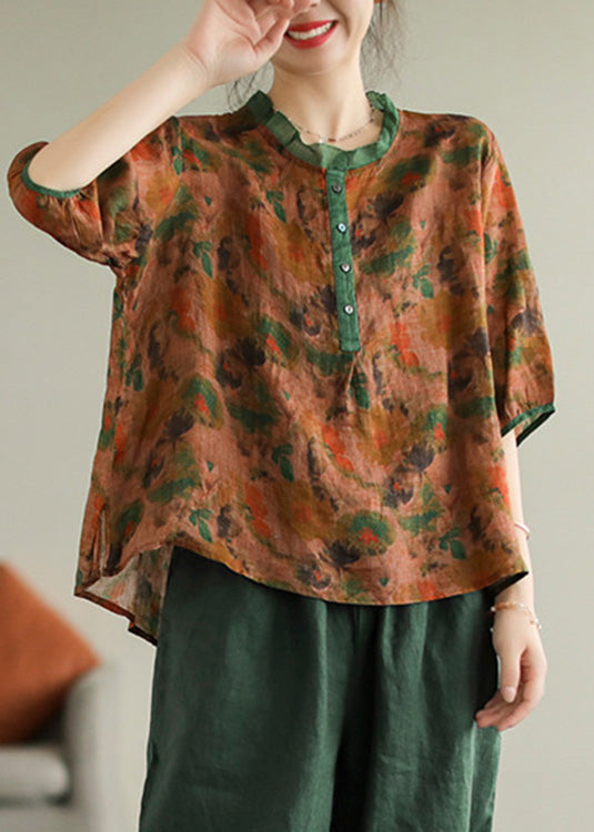 Red Ruffled Print Button Low High Design Shirt Summer