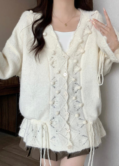 White Fuzzy Ball Decorated Drawstring Knit Cardigans Fall