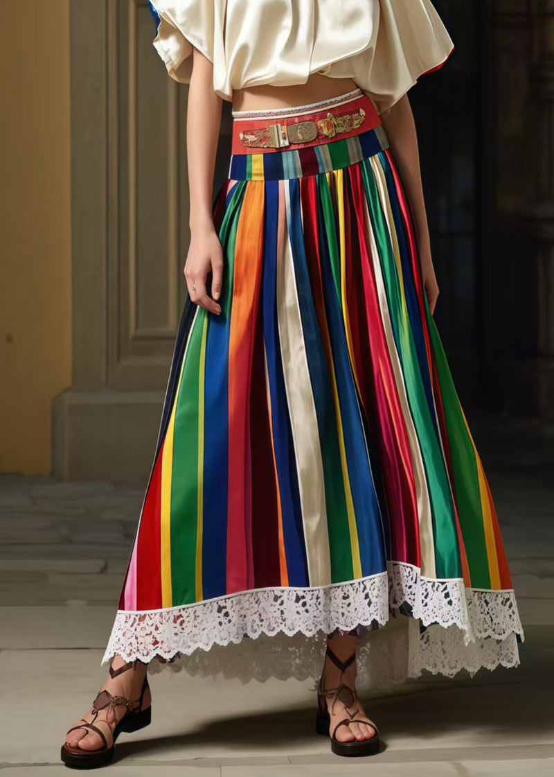Multicolour Striped High Waist Patchwork Lace Skirts Summer