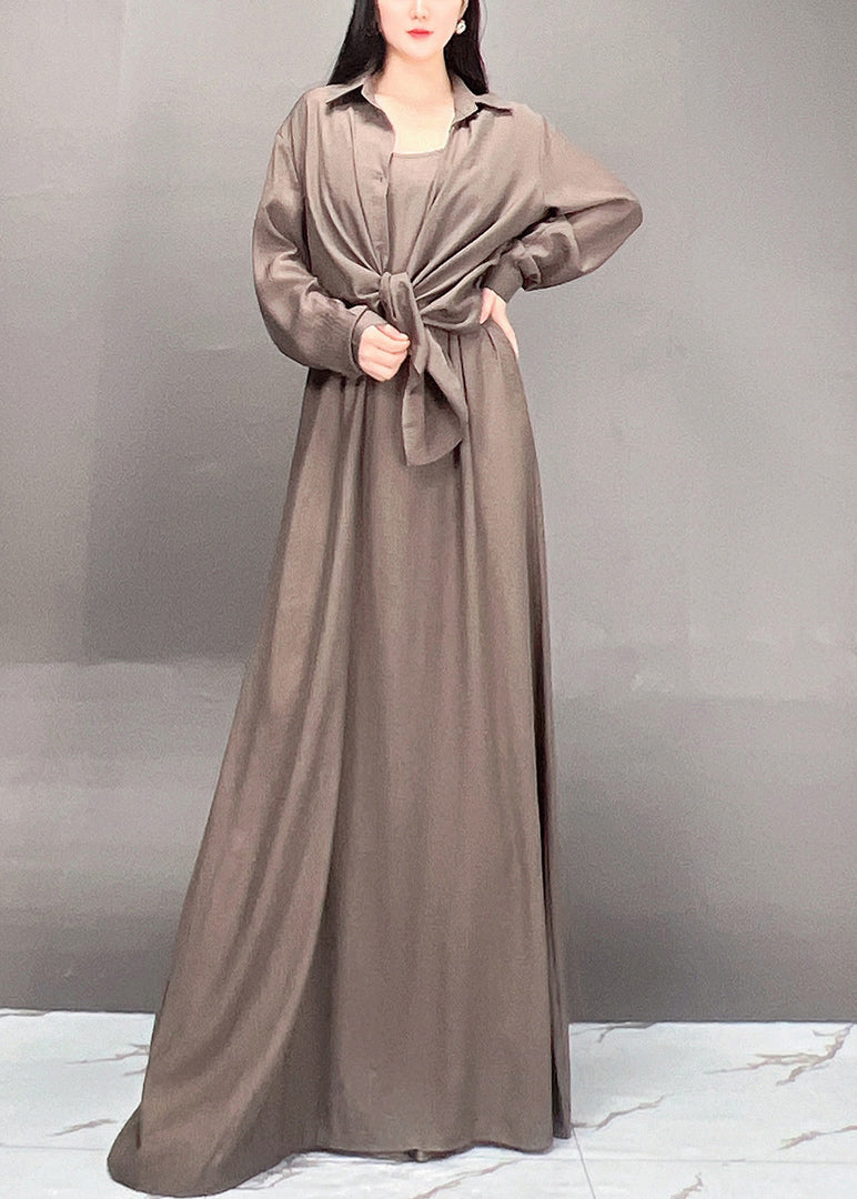 Black Peter Pan Collar Shirts and Maxi Skirts Two Piece Set Fall