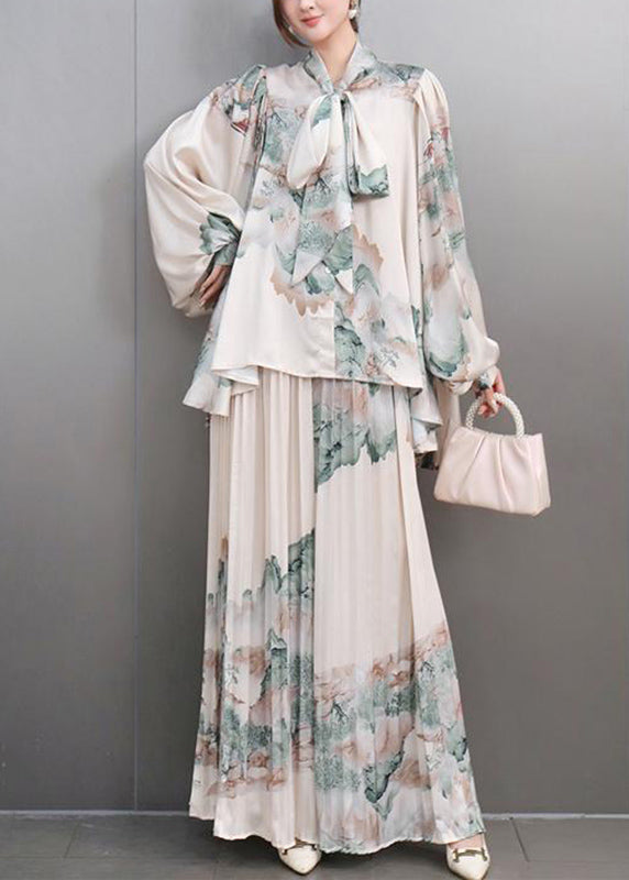 White Bow Print Chiffon Shirts and Maxi Skirts Two Pieces Set Spring