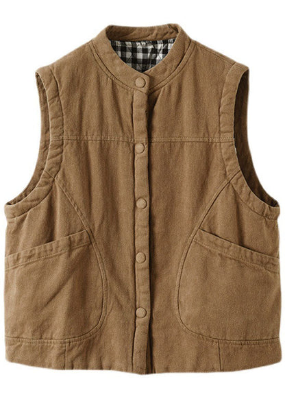 Orange Stand Collar Button Pockets Winter Sleeveless Waistcoat