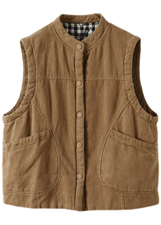 Orange Stand Collar Button Pockets Winter Sleeveless Waistcoat