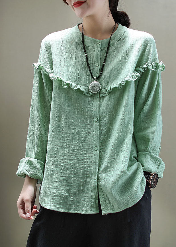 Green Ruffled Button Patchwork Cotton Blouse Tops Long Sleeve