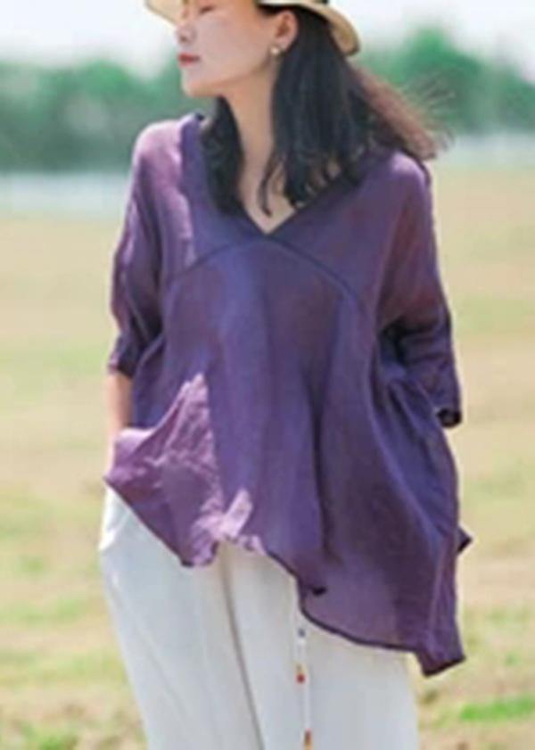 Ramie Lace-up Pure Color Irregular T-shirt