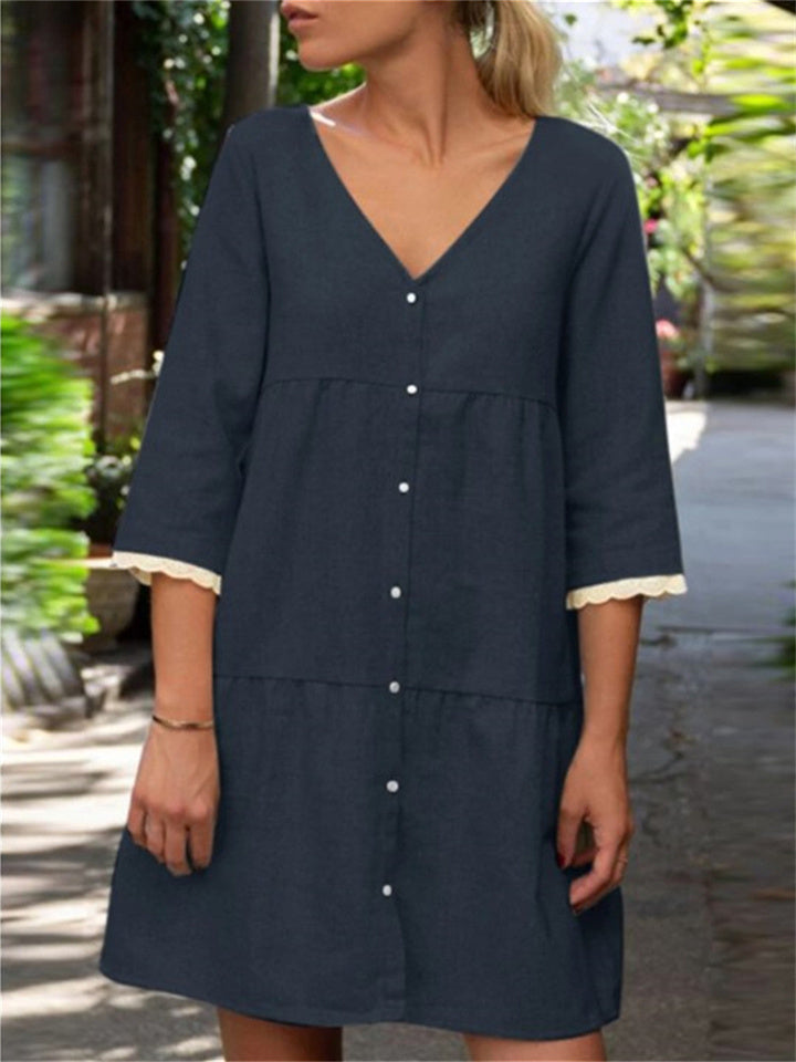 Cotton Linen Retro V-neck Lace Cuffs Seven-part Sleeve Color Dress Multi-color Models