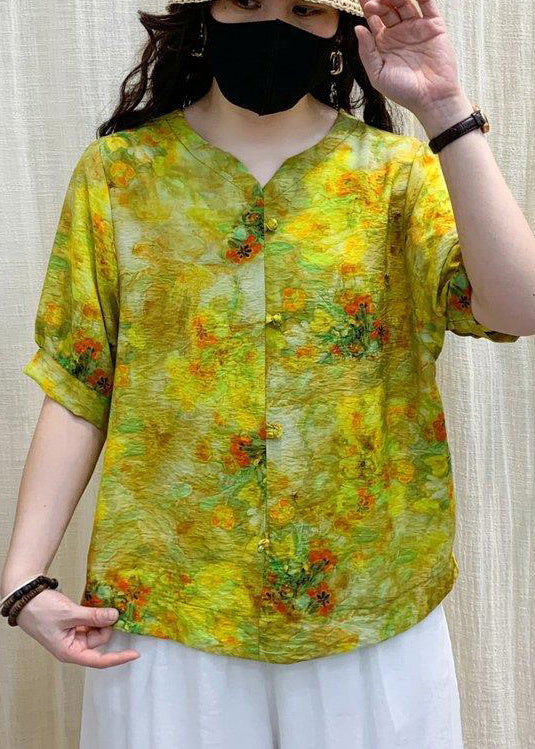 Yellow Print Wrinkled Linen Shirt Top Short Sleeve
