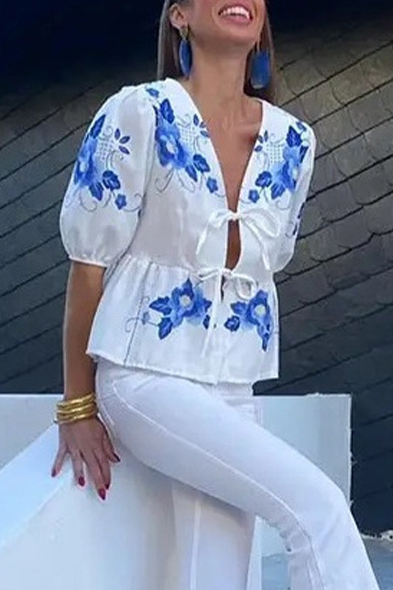 Print Flowers Frenulum V Neck Tops