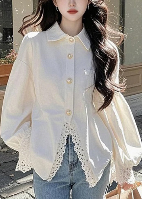 White Peter Pan Collar Lace Button Cotton Shirt Fall