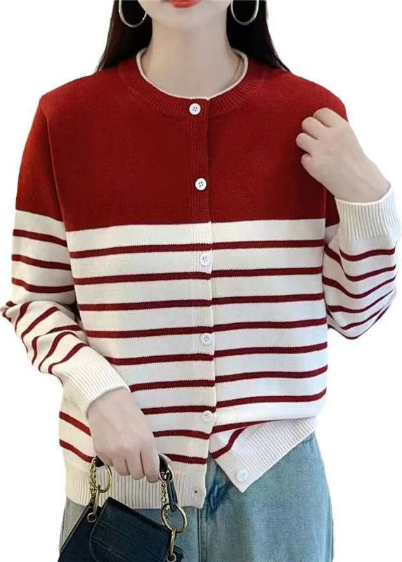 Red Striped Button Knit Cardigan Fall