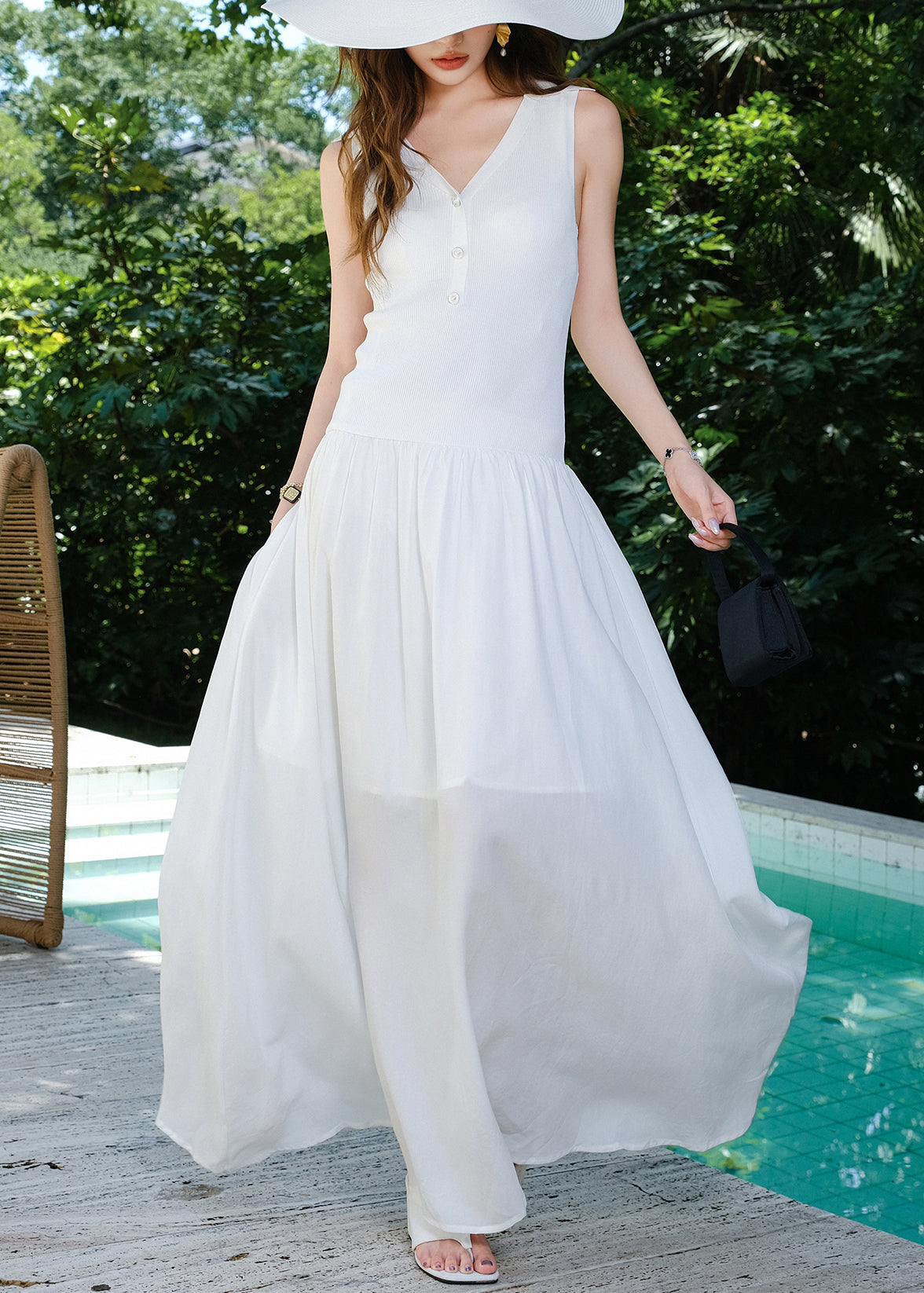 Simple White V Neck Patchwork Knitting Cotton Maxi Dresses Sleeveless