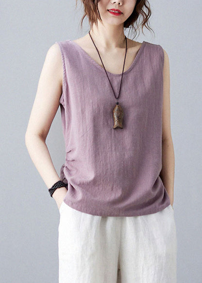 Purple V Neck Wrinkled Color Linen Vests Sleeveless