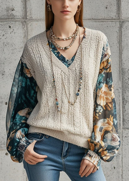 Beige V Neck Patchwork Print Fake Two Piece Knit Shirts Fall