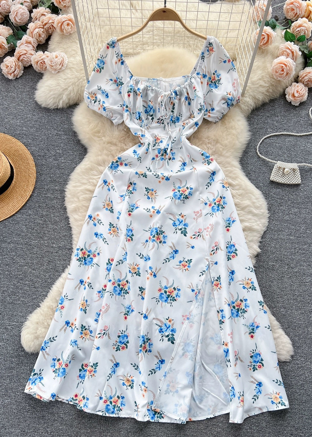 White Lace Up High Waist Cotton Dresses Short Sleeve