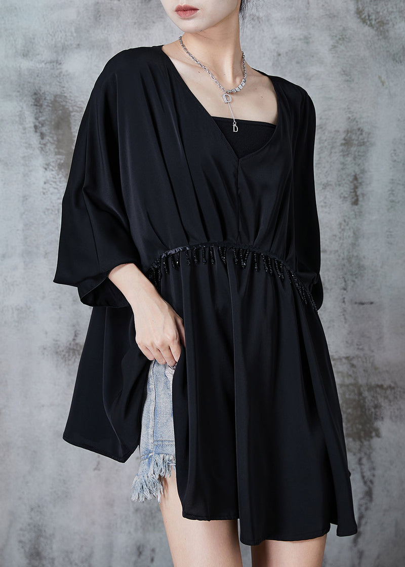 Black V Neck Tasseled Chiffon Dresses Summer