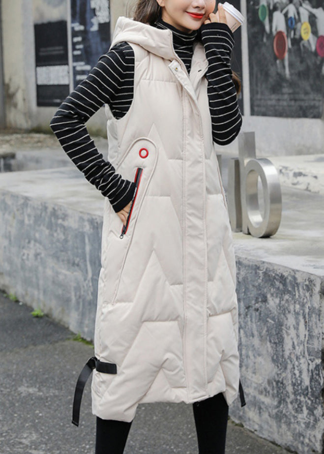 Black Hooded Patchwork Long Duck Down Vest Sleeveless