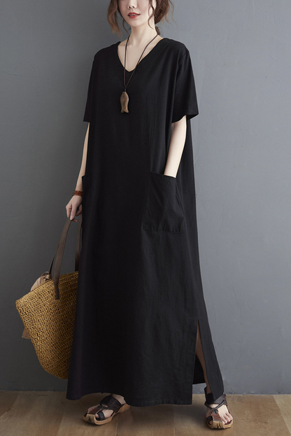New Loose Short Sleeve Dress Retro Cotton Linen Robe