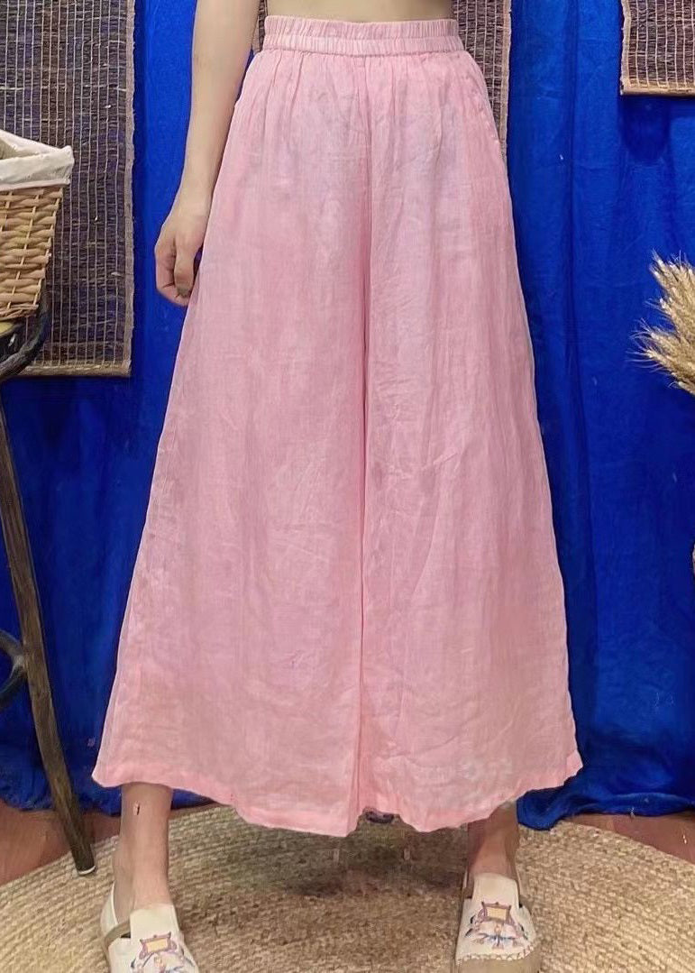Loose Rose Pockets Elastic Waist Linen Crop Pants Summer