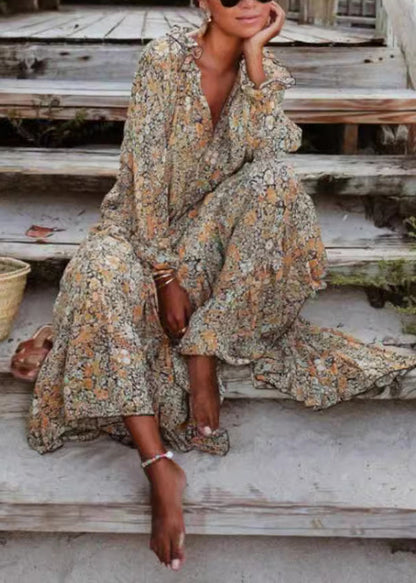 Khaki Ruffled Print Patchwork Cotton Long Dress Spring