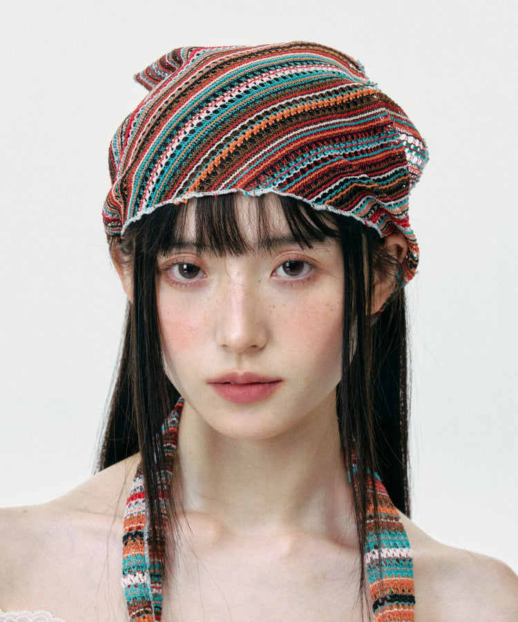 Thin Colored Striped Knitted Hollow Out Head Boonie Hat